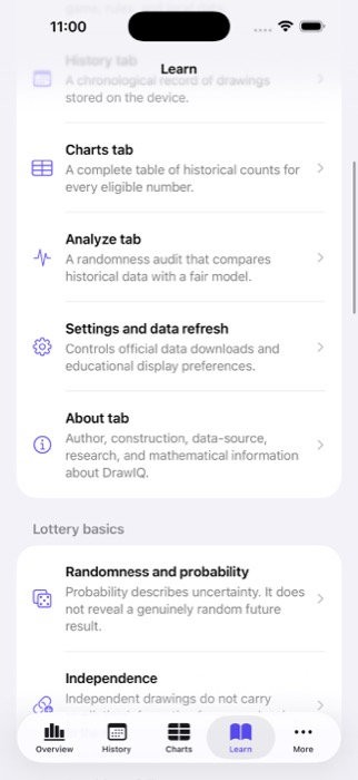 DrawIQ Learn screen with plain-language guides to lottery and statistical concepts